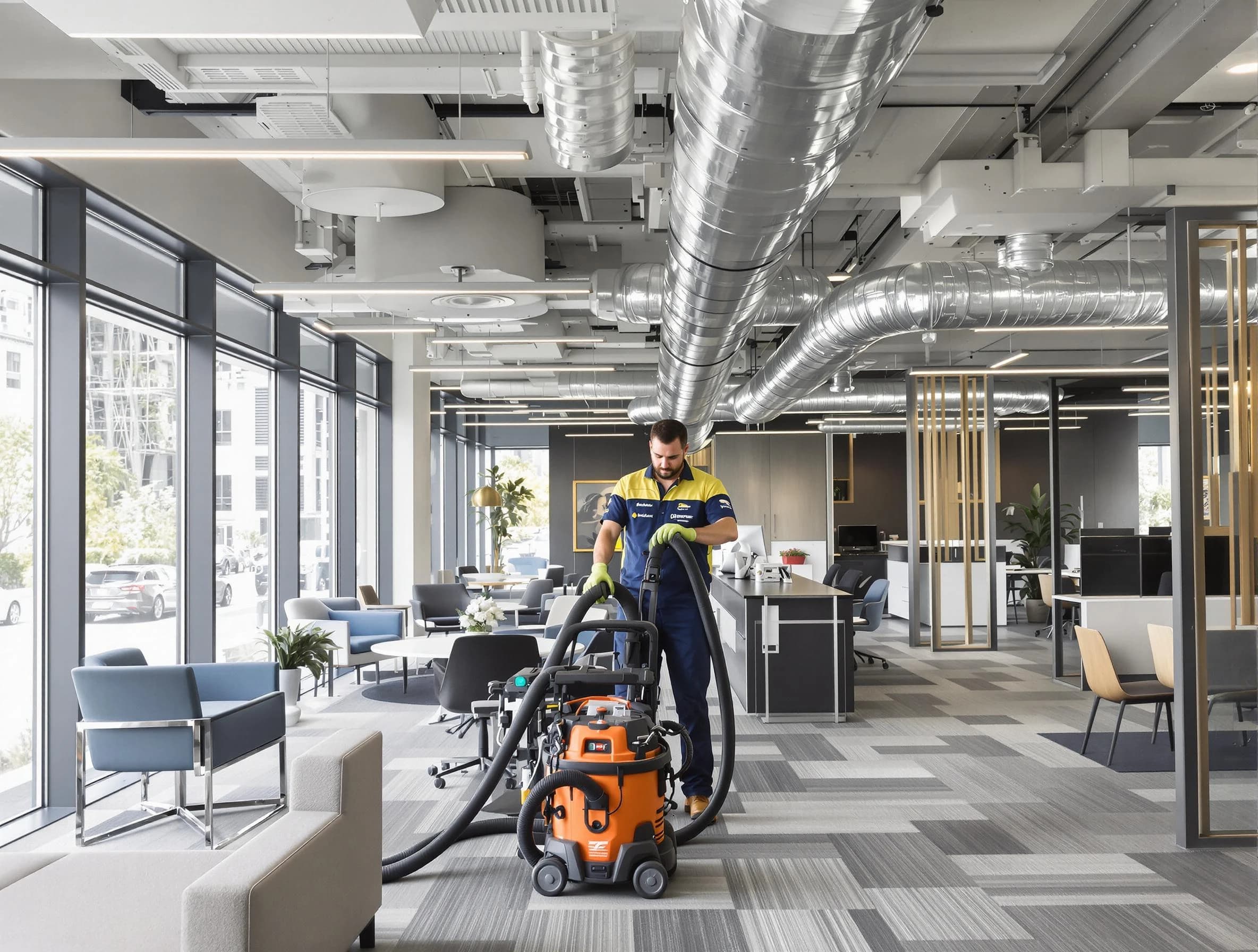 Buffalo Air Duct Cleaning team performing thorough commercial duct cleaning at a Buffalo business center